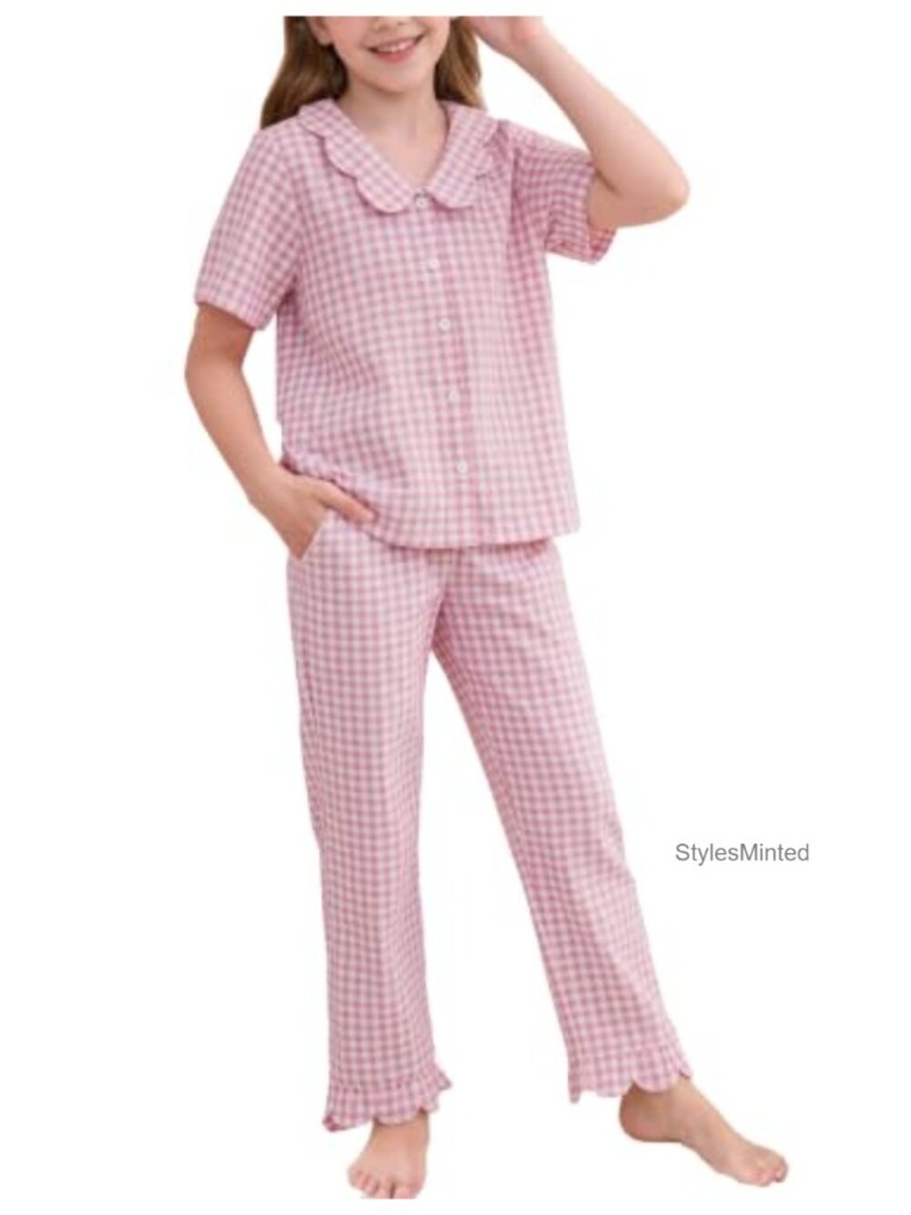Girls 100% Cotton Gingham 2 Piece Outfit Button Down Shirt Pants Set